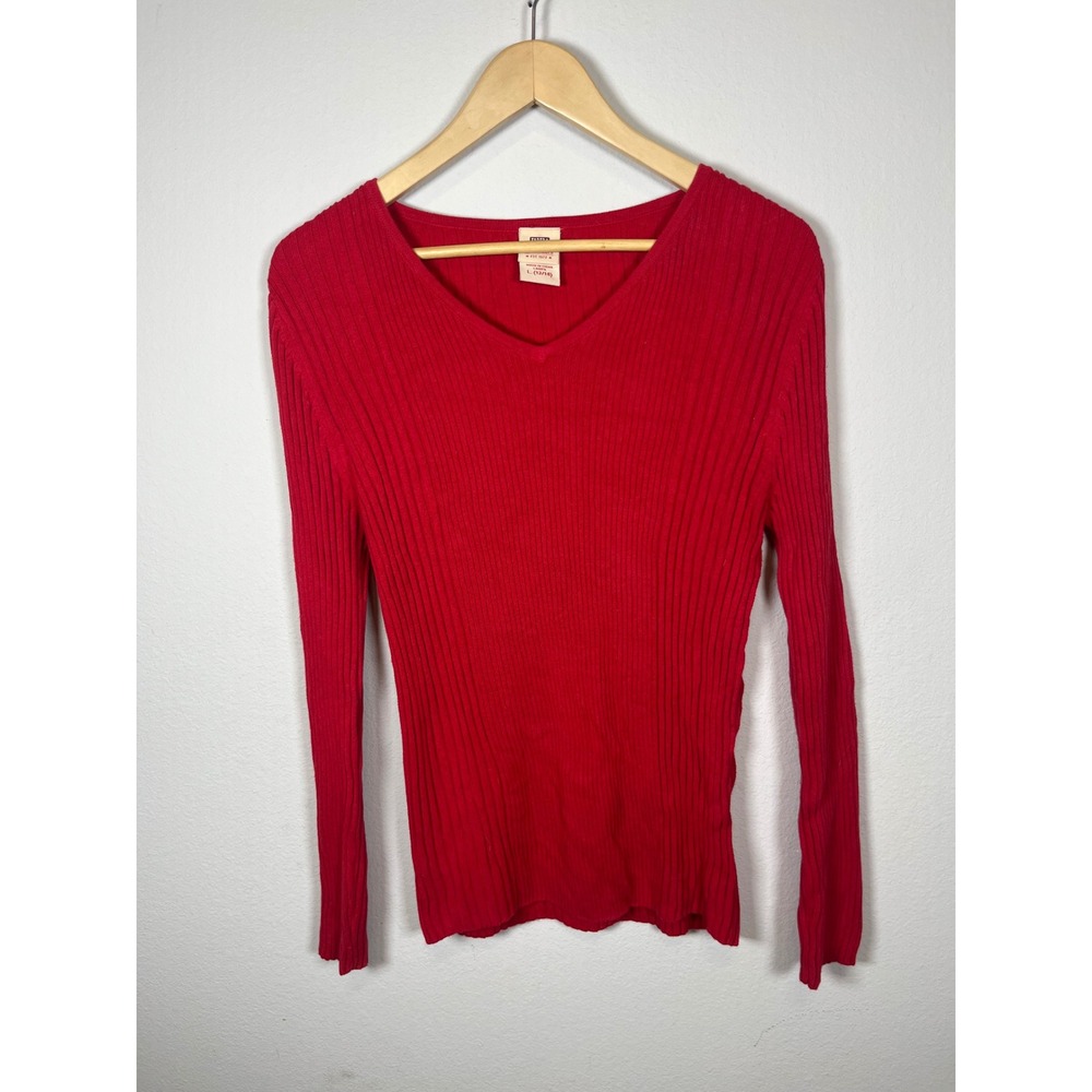 VTG Faded Glory Originals Red Ribbed V-Neck Cotton Sweater Womens Large 12/14
